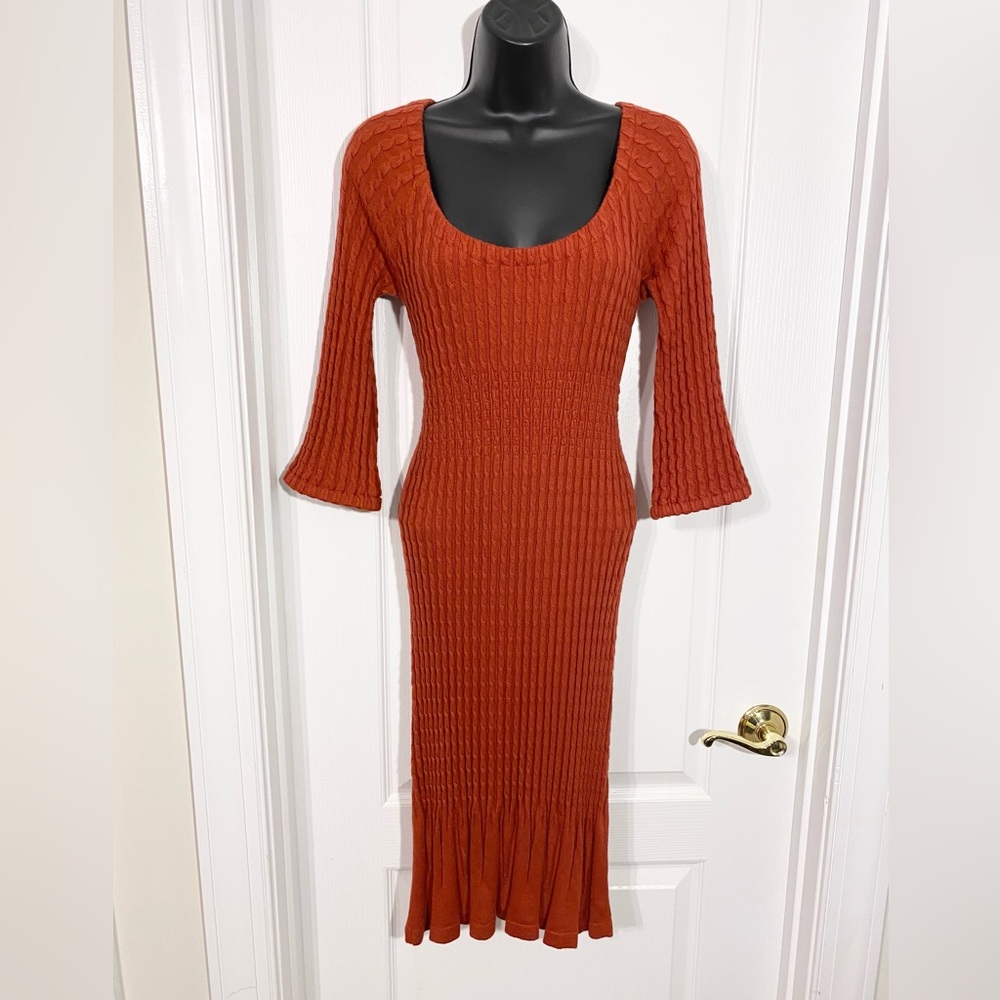 Anthro Maple Angora Blend Bell Sleeve Cable Knit Sweater Dress Rust Size XS